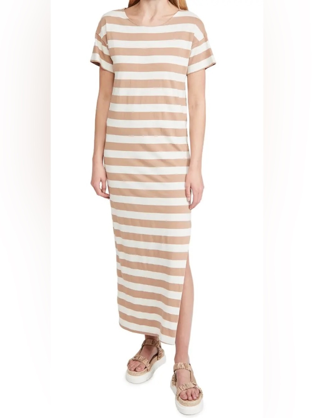 AMO Dune Stripe Tan and White Maxi Tshirt Dress